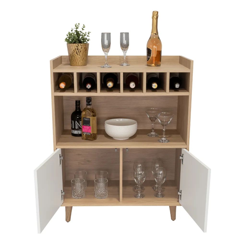 Bar Burdeos, Beige Y Blanco, Con Dos Puertas Y Amplio Espacio Para Botellas Y Porta Copas