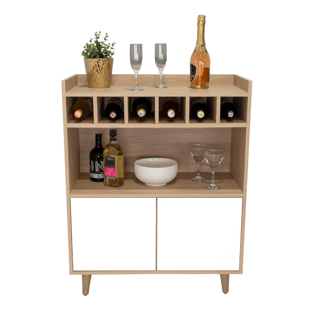 Bar Burdeos, Beige Y Blanco, Con Dos Puertas Y Amplio Espacio Para Botellas Y Porta Copas