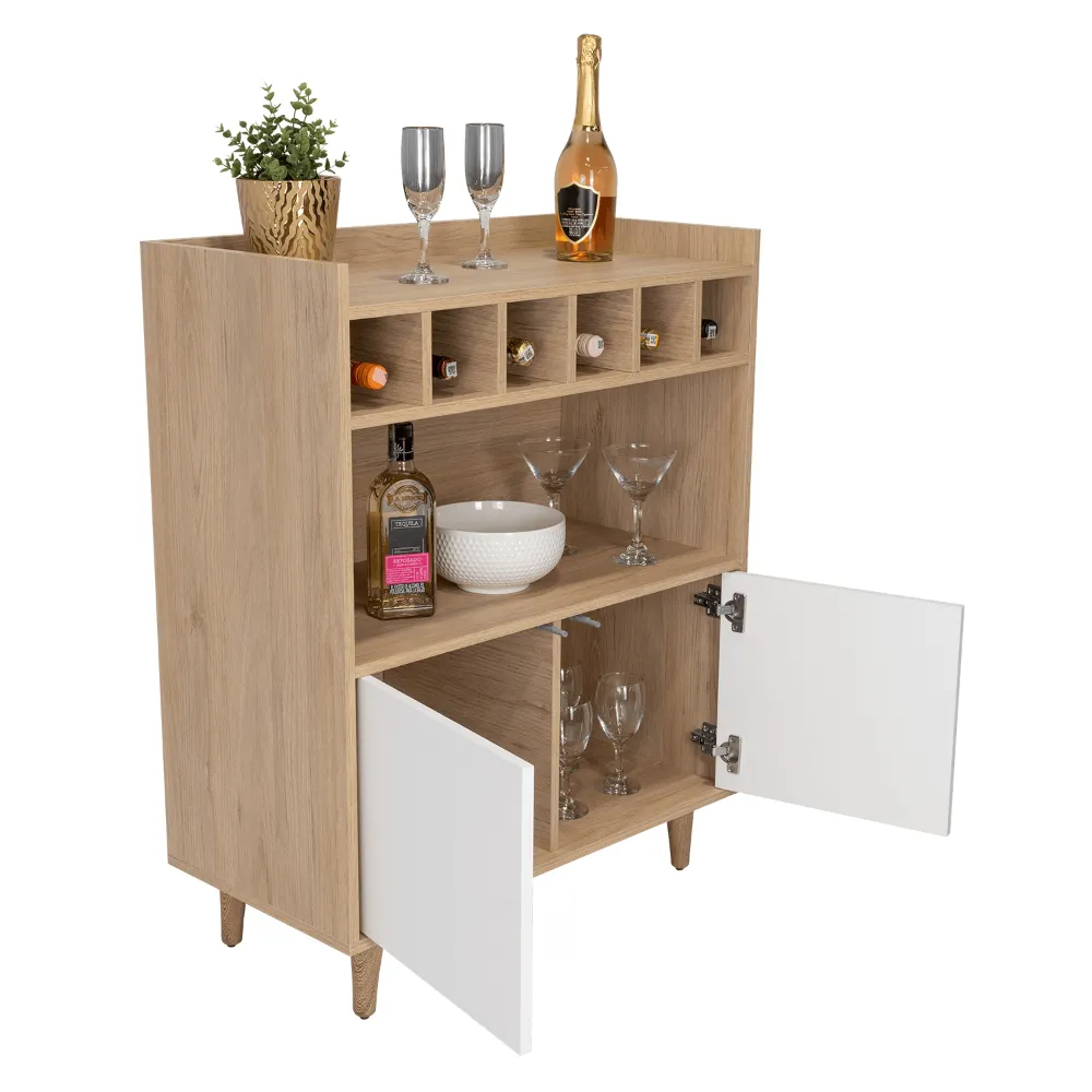 Bar Burdeos, Beige Y Blanco, Con Dos Puertas Y Amplio Espacio Para Botellas Y Porta Copas