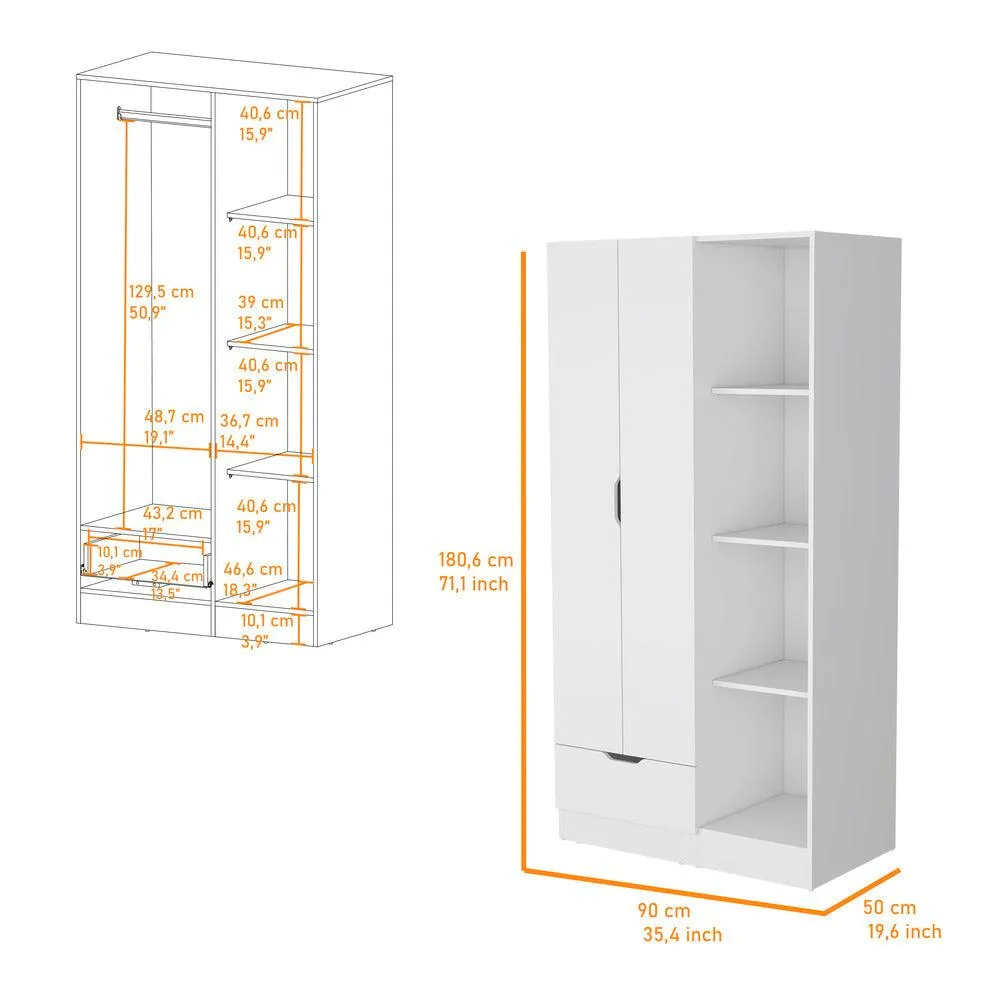 Closet Memphis, Blanco Duqueza, Con Un Tubo Cromado Y Cuatro Entrepaños