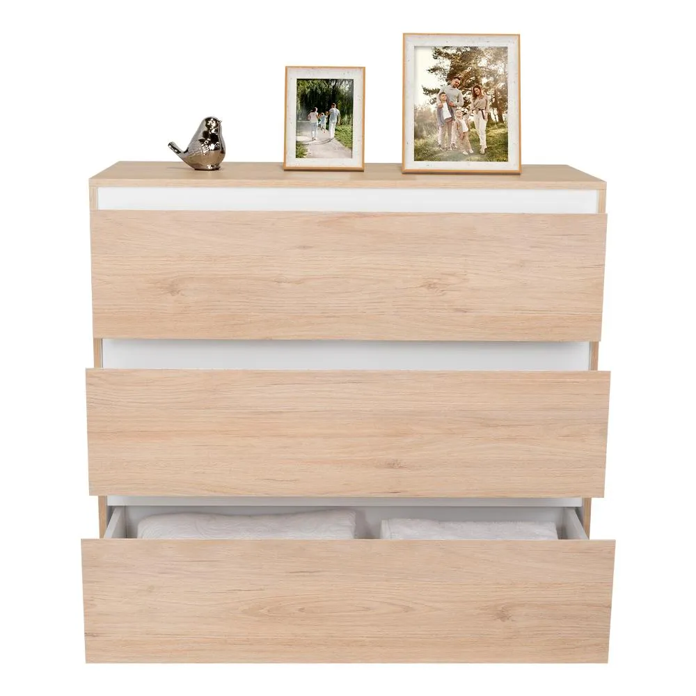 Organizador Durham, Beige Y Blanco, Con Tres Cajones Amplios Y Patas En Madera