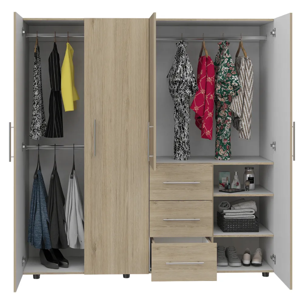 Closet Poche, Beige Y Blanco, Con Tres Cajones Multiusos Y Cuatro Puertas Batientes