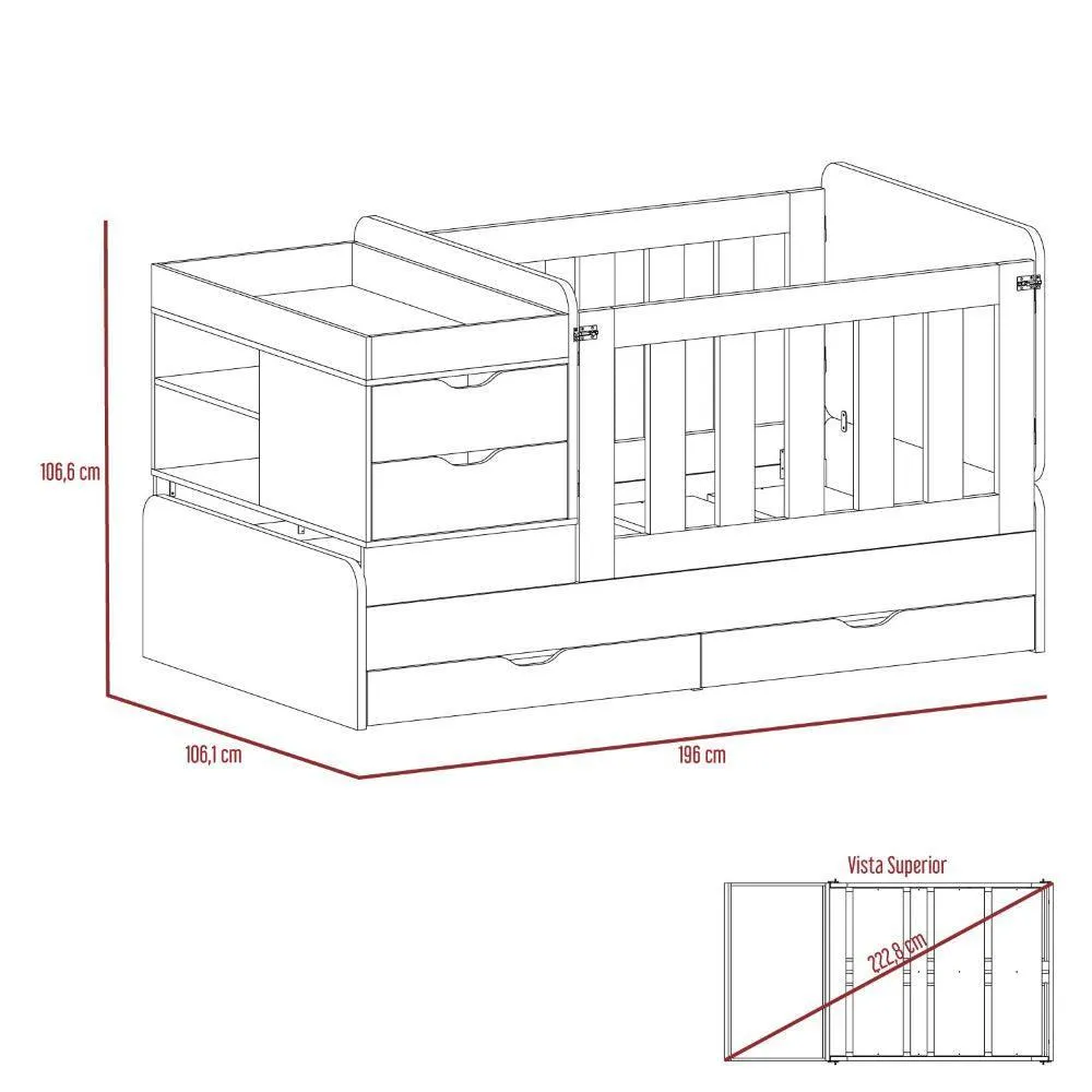 Cama Corral Praga, Humo y Blanco, Con Dos Cajones Multiusos y Barandas De Seguridad