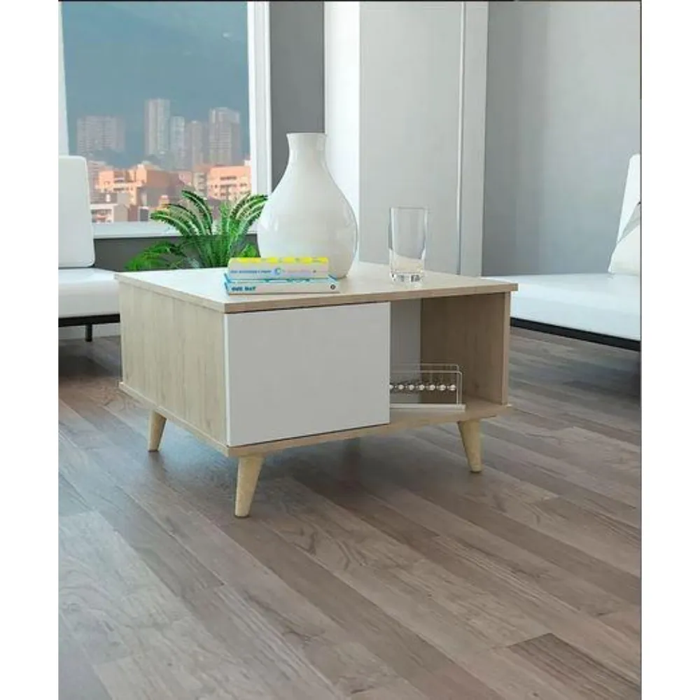 Mesa De Centro Bruno, Beige Y Blanco, Con Una Puerta Y Patas De Madera