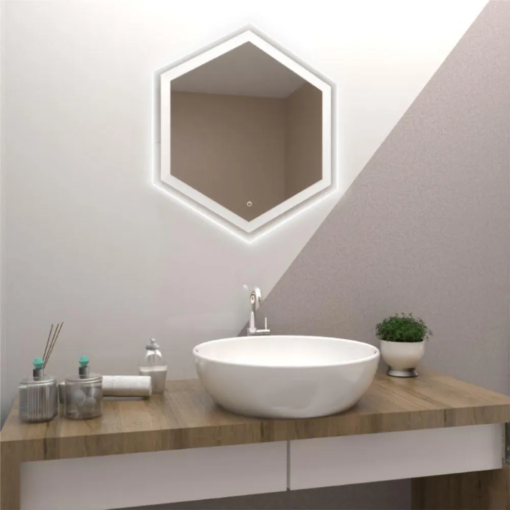 Espejo Hexagonal Wolf, Gris, Con Luz Led y Touch