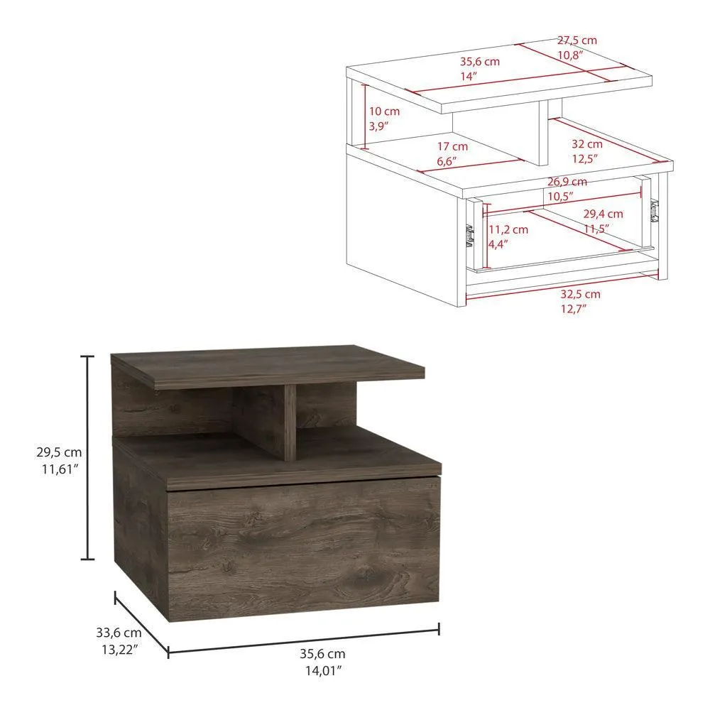 Mesa De Noche Flotante, Nogal, Con Un Cajón y División De Dos Entrepaños