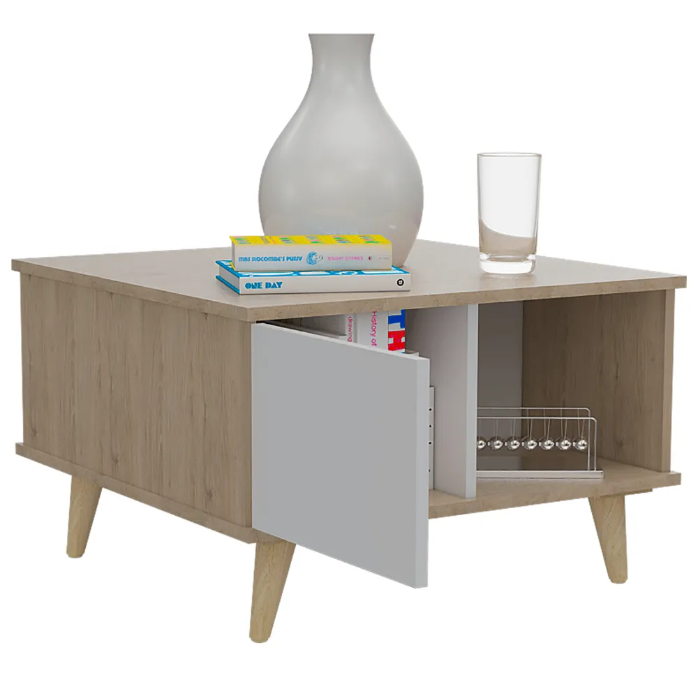 Mesa De Centro Bruno, Beige Y Blanco, Con Una Puerta Y Patas De Madera