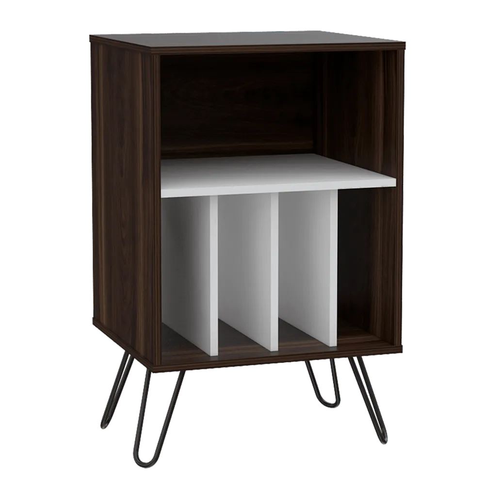 Mueble Auxiliar Lara, Caoba Y Blanco, Con Patas En Acero Y Espacio Para Objetos Decorativos