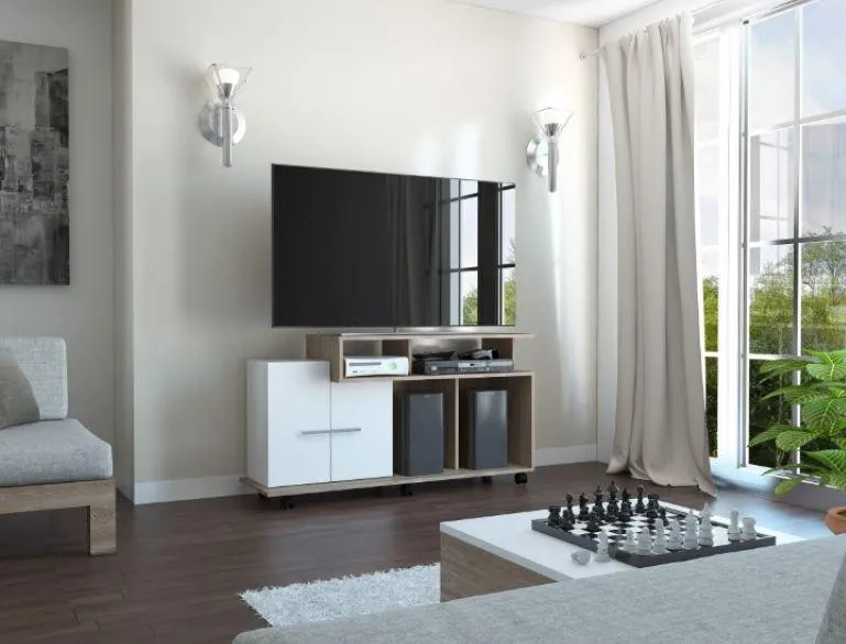 Mesa Para Tv Atena, Beige Y Blanco, Con Espacio Para Televisor De 50 Pulgadas