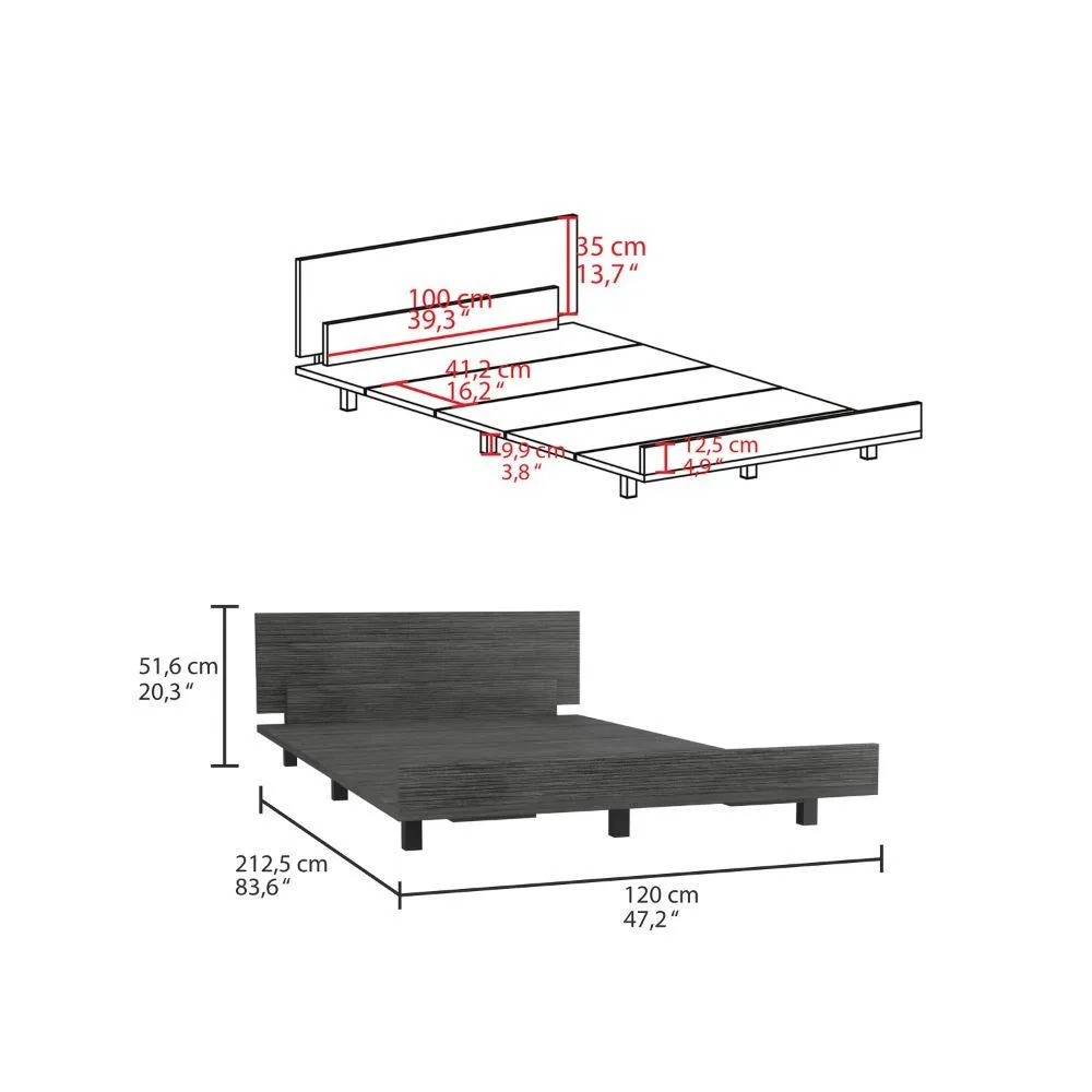 Cama Semi Doble Wesley, Gris, Con Patas Metálicas 