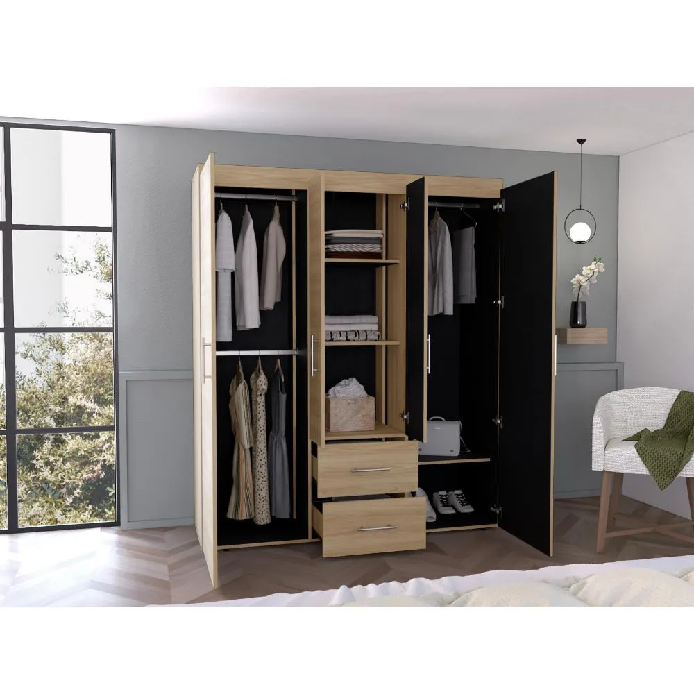 Closet Bariloche Eco, Fresno Europeo y Wengue , Con Variedad De Entrepaños Y Cuatro Puertas Abatibles