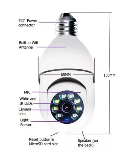 Cámara Lámpara De Seguridad Wifi 1080p Visión Nocturna  360