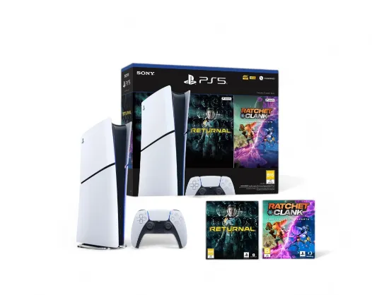 Consola PS5 Slim Digital 1TB + 2 juegos: Returnal- Ratchet & Clank + 1 Control Inalámbrico + Estacion de carga para controles