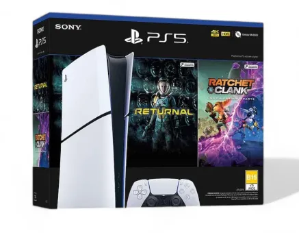 Consola PS5 Slim Digital 1TB + 2 juegos: Returnal- Ratchet & Clank + 1 Control Inalámbrico + Estacion de carga para controles