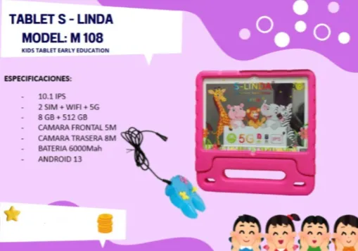 Tablet  S-LINDA M108 8GB 512GB 5G SIM + Control Pink