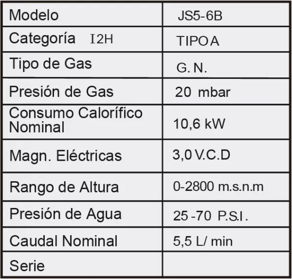 Calentador Clasic 5.5 Litros Black Gas Natural