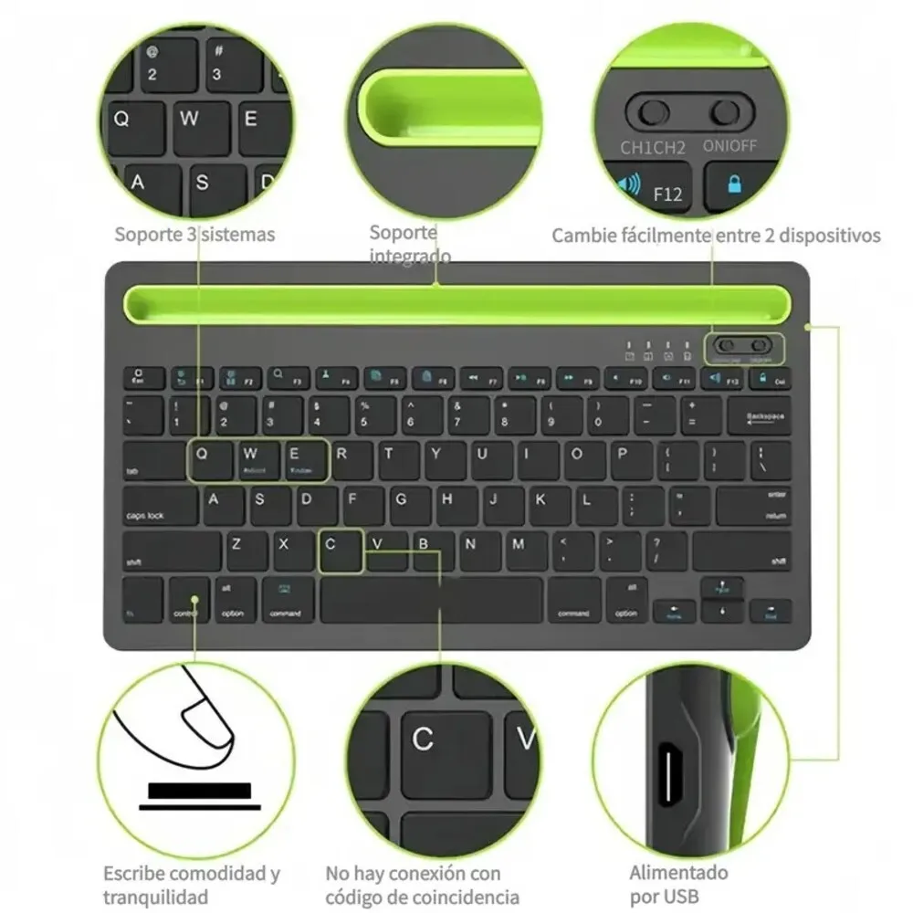 Teclado Bluetooth Recargable Doble Canal Multi Dispositivo Tablet Celular