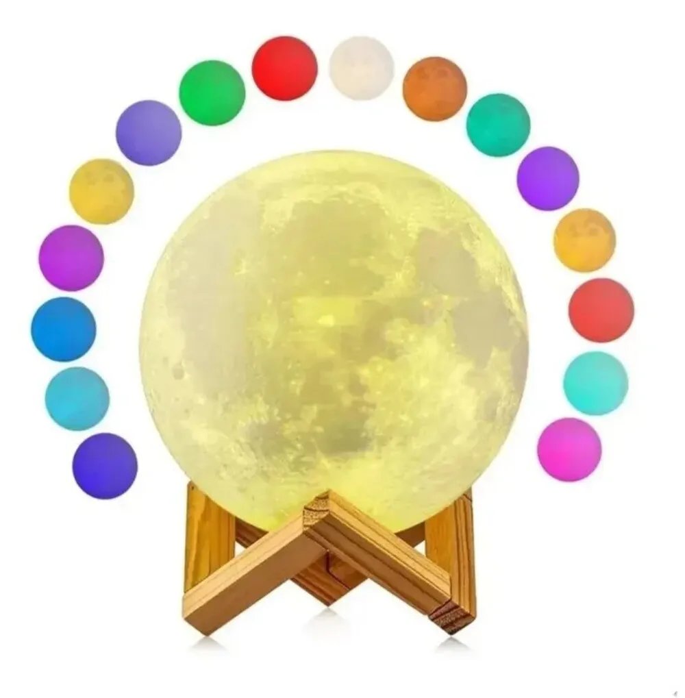 Lámpara Luna Moonlight Recargable 3d Colores Led Base Madera