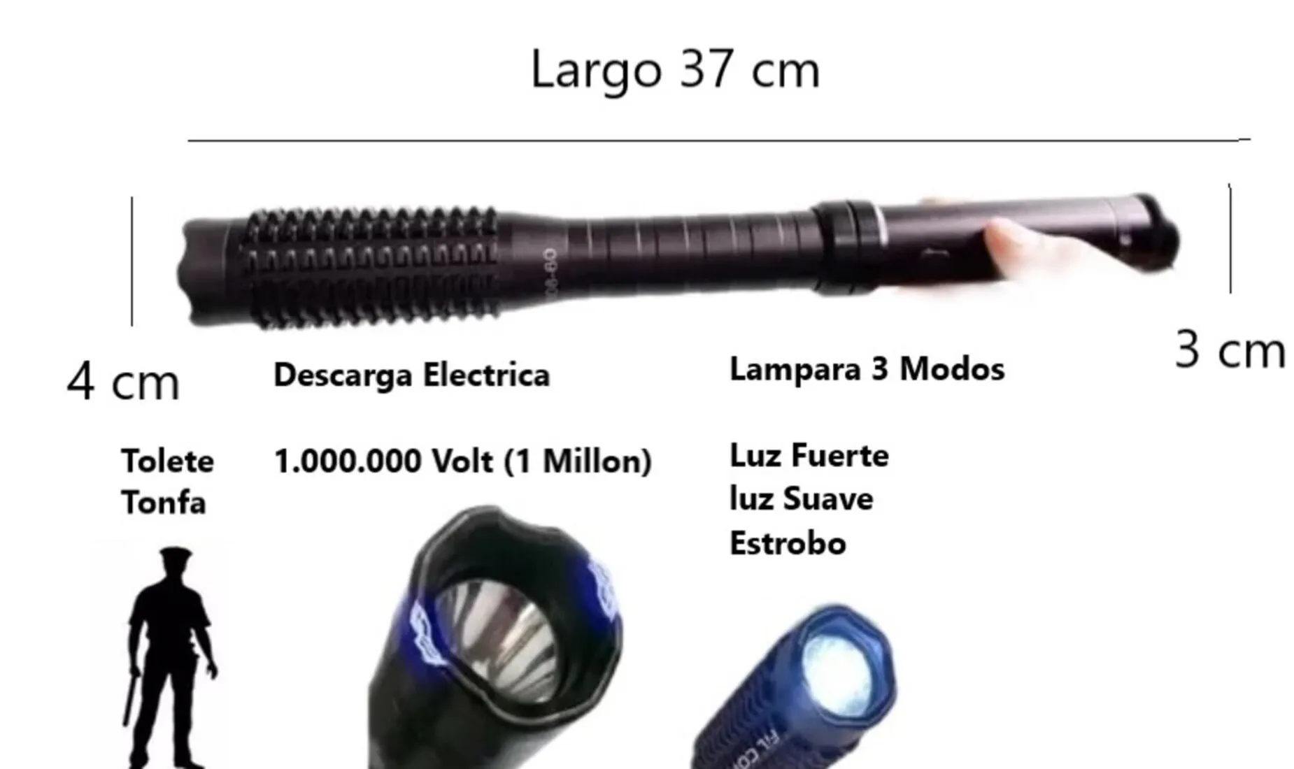 Baston Con Taser Tipo Tambo Linterna Defensa Personal 3 En 1