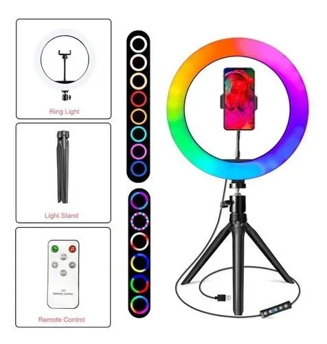 Aro De Luz Rgb Led 26 Cm Selfie + Trípode 