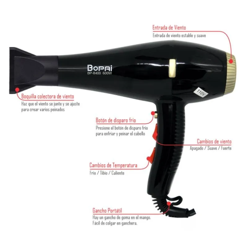 Secador De Cabello Bopai Bp-8400 Negro 110V