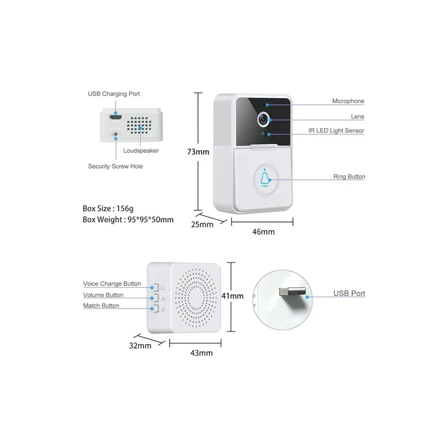 Mini Video Portero Timbre Inteligente USB WIFI Seguridad Inalambrico Mini-Doorbell