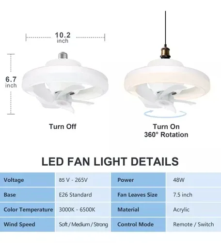 Bombillo Ventilador De Techo Con Luz Led, Control Remoto, 3 Colores (Huge) E27-E26-