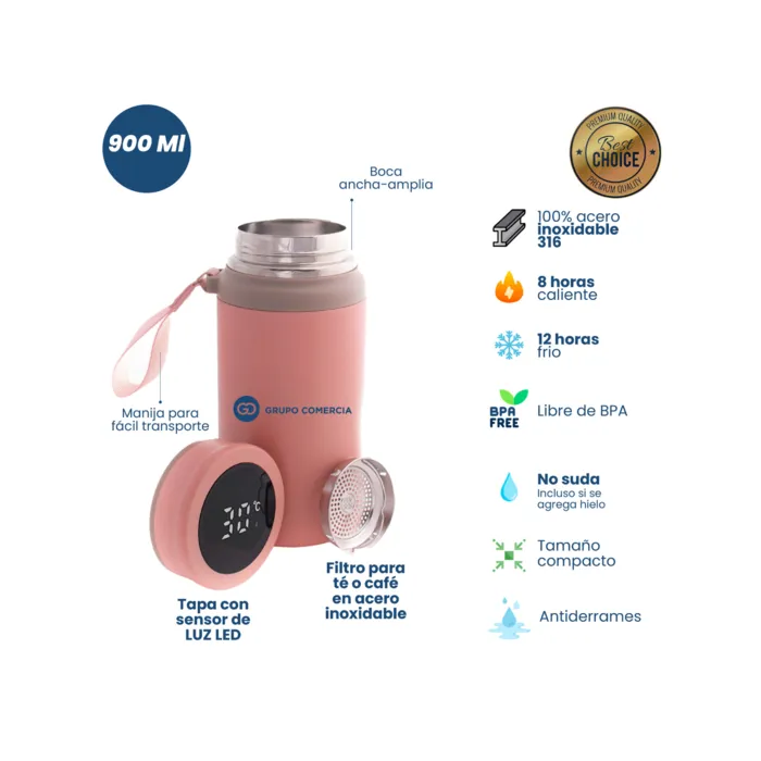 Termo Botella Térmica Led Big Premium 900ml Acero Inoxidable