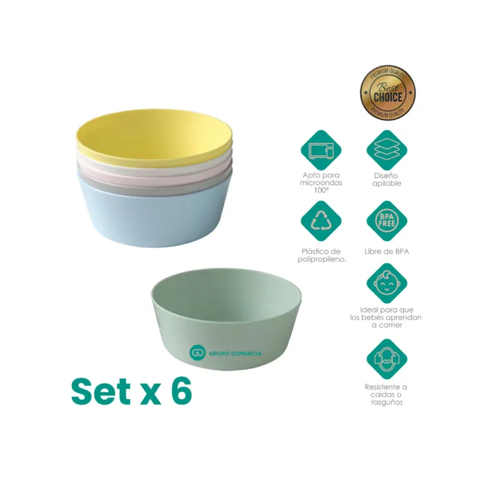 Set X 6 Bowls Plásticos Colores Kalas Multifunción