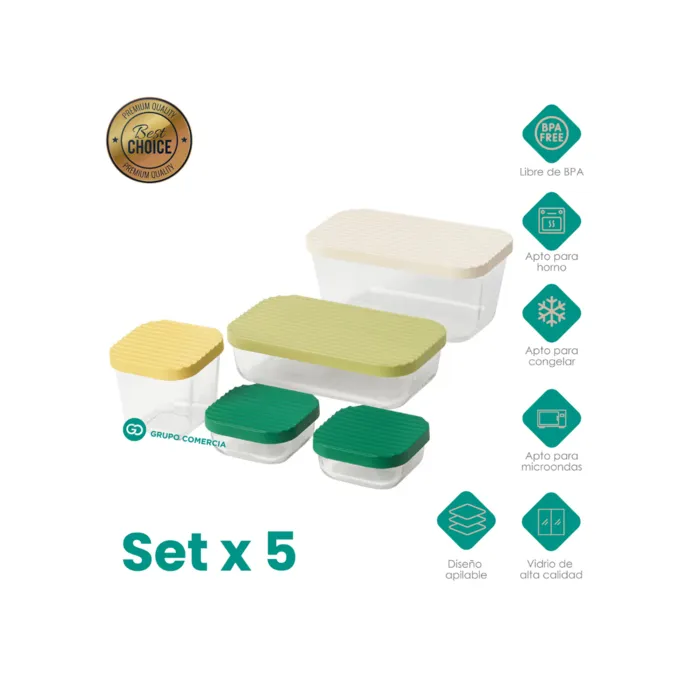 Set X5 Refractarias Vidrio Contenedor Alimentos Organizador