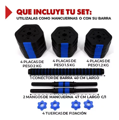 Mancuernas Ajustables Set De 20 Kg Total Fitnics 2en1 +barra Color Azul