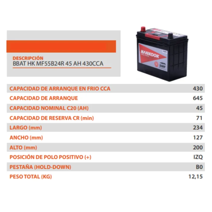 Bateria HANKOOK MF55B24R 45 AH 430CCA Chevrolet SAIL – DFM - DFSK