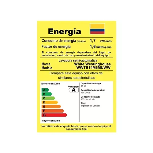 Lavadora Semiautomática Westinghouse 14Kg (31 lb) WWTB14M6MUWW