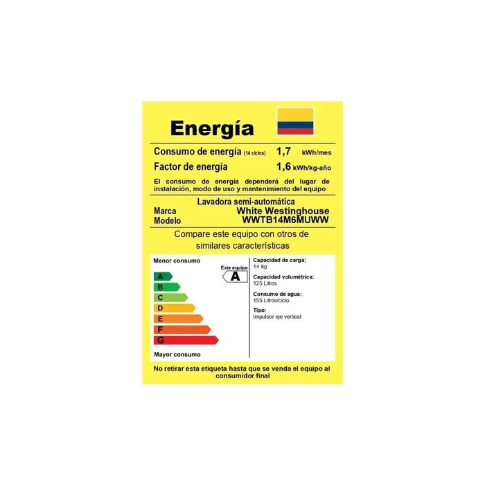 Lavadora Semiautomatica Westinghouse Carga Superior 14 Kg (31 Lb) Wwtb14m6muww