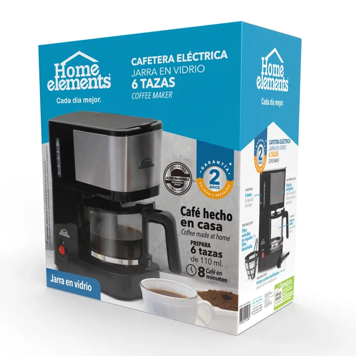 Cafetera 6 Tazas Negra Jarra De Vidrio Home Elements