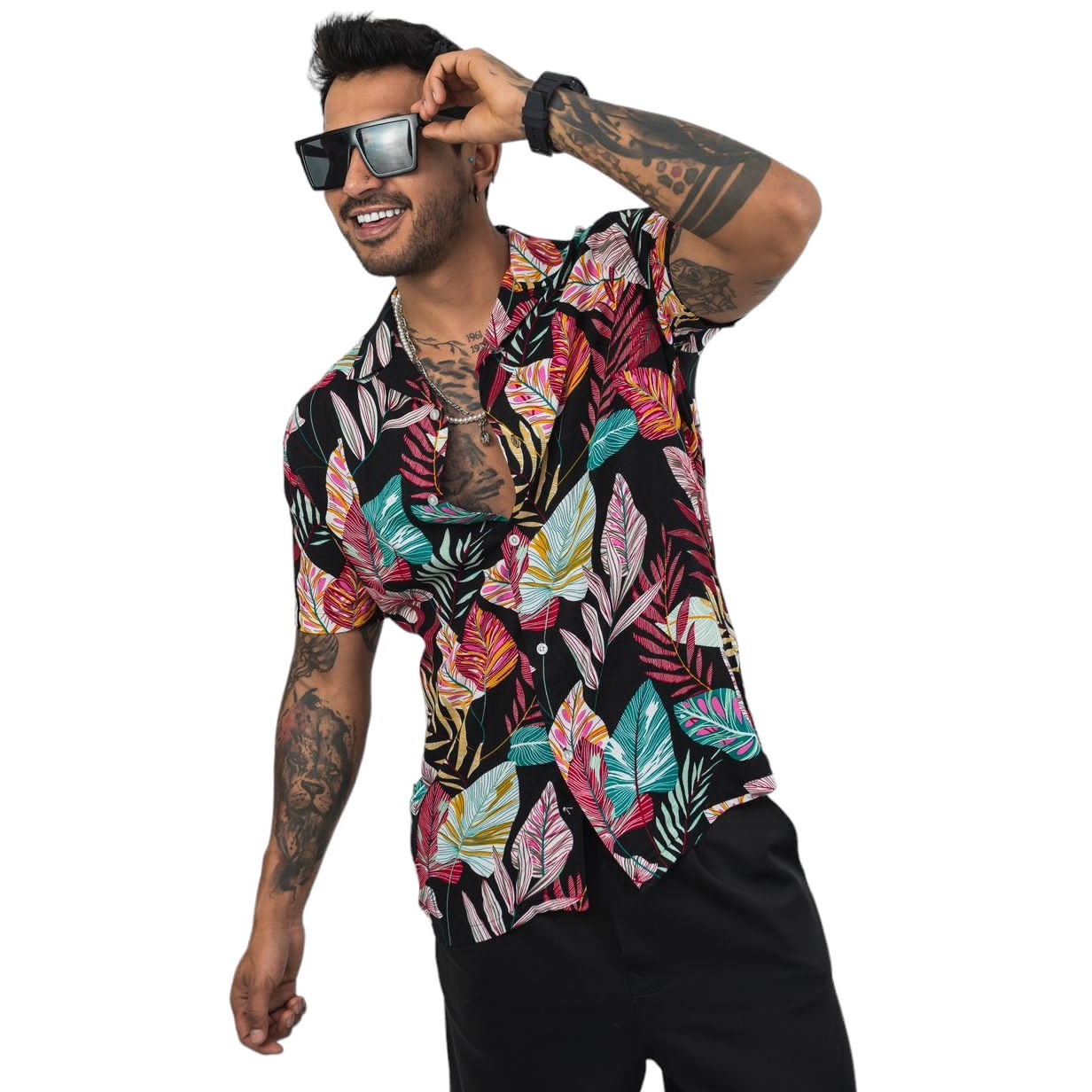 Camisa En Chalis Para Hombre - Diseño Hojas Colores