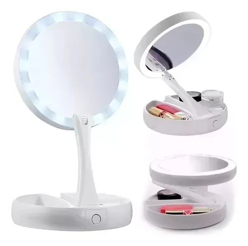 Espejo De Maquillaje Luz Led Doble Cara Ajustable Plegable