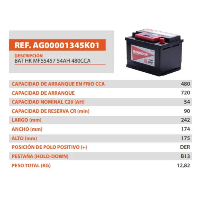Bateria HANKOOK MF55457 54 AH 480CCA - CH N200 RENAULT Clio, Logan, Megane, Sandero – CHEVROLE Corsa Evolution todos los Modelos.