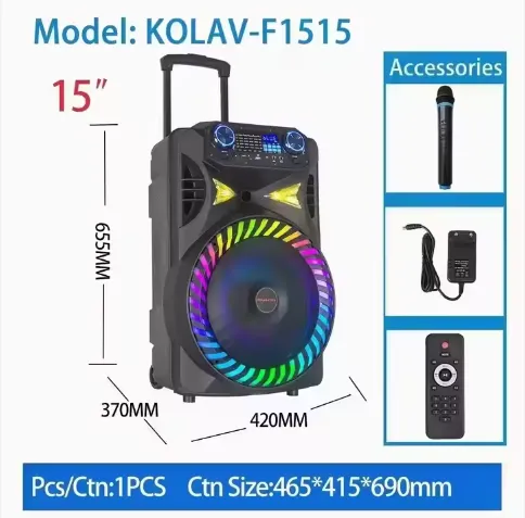 Parlante 15" Recargable 15000w Karaoke Ref: Kolav-f1515