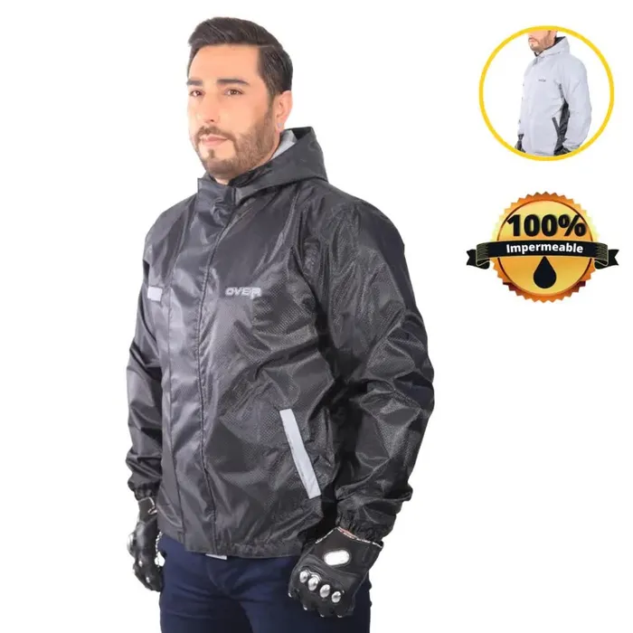 Chaqueta Impermeable Doble Faz Reflectiva 100% Negra