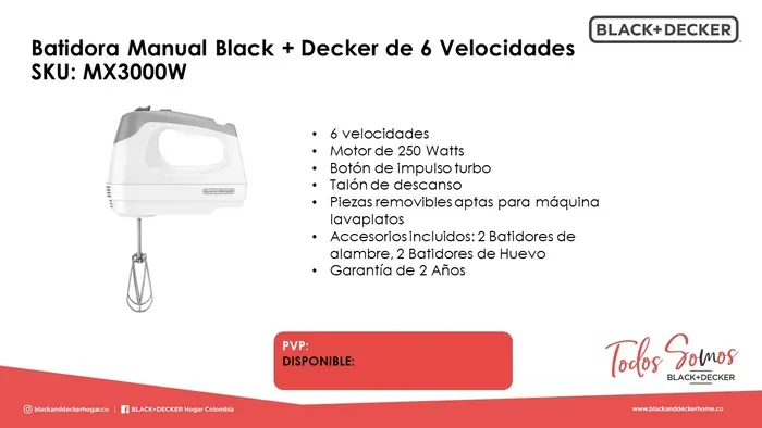 Batidora de Mano Black+`Decker 5 Velocidades 250 W