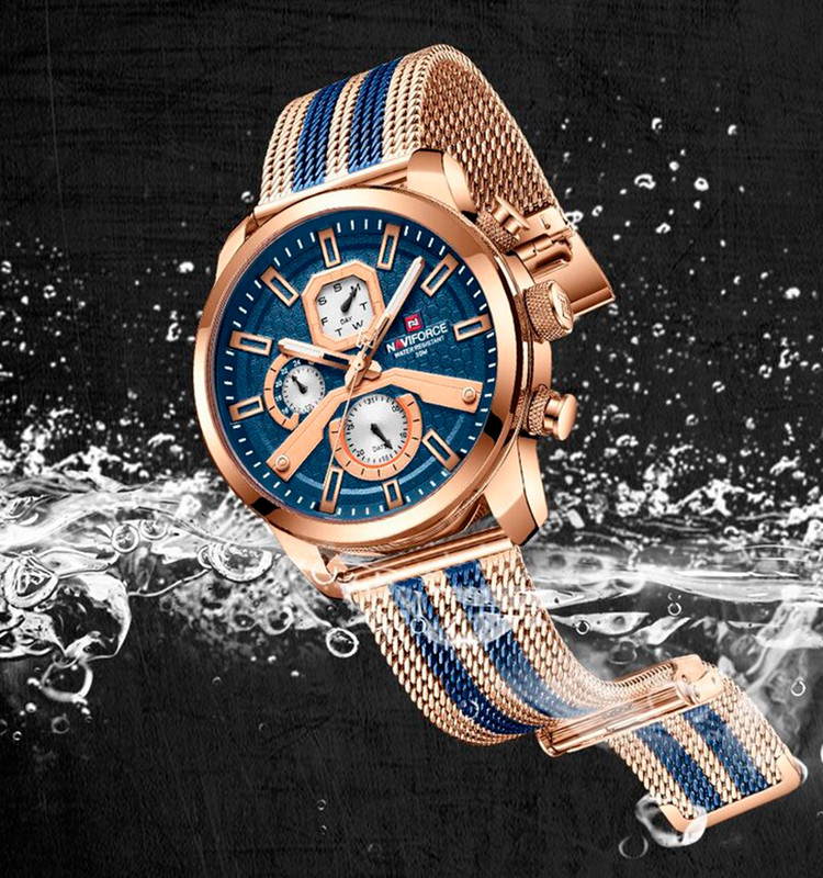 Reloj Naviforce Original Nf 9211 Acero Inoxidable Oro Rosa Azul + Estuche