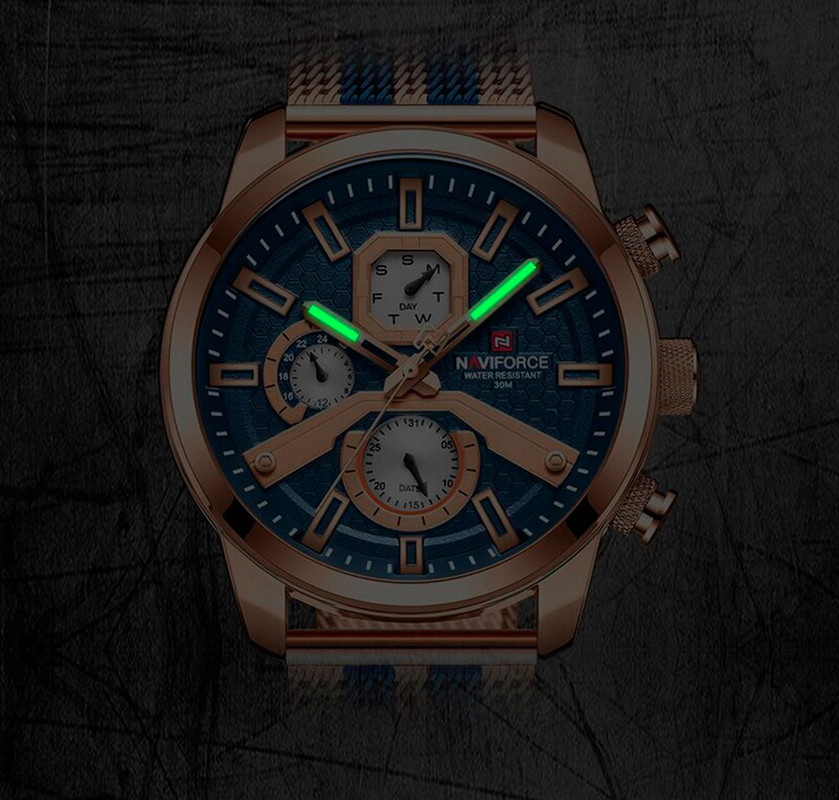 Reloj Naviforce Original Nf 9211 Acero Inoxidable Oro Rosa Azul + Estuche