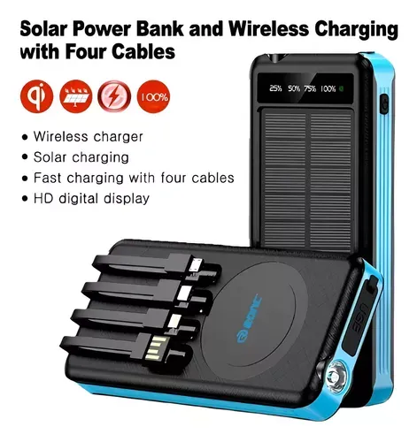 Power Bank 10000mah Panel Solar Recargable 4 Cables Linterna