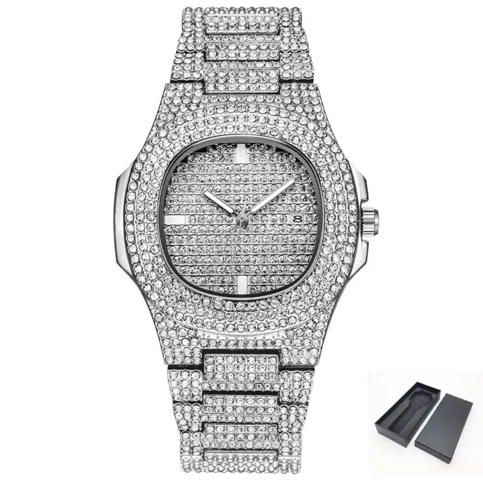 Reloj Para Hombre De Acero Plateado Resistente Al Agua Con Diamantes