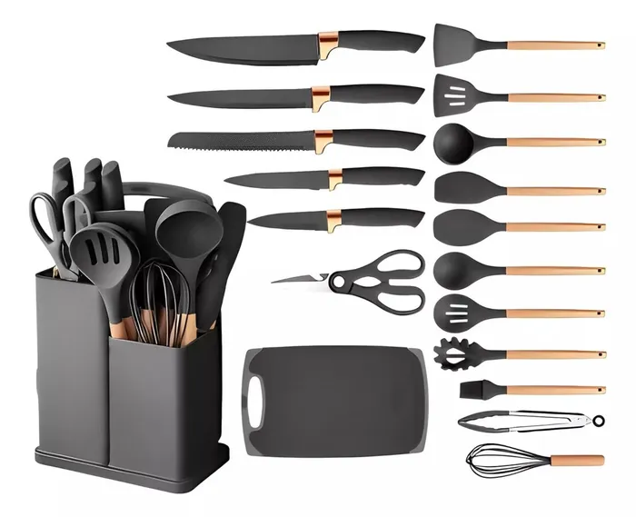 Set  X 19 Utensilios De Cocina En Silicona + Set Juego Cuchillos 