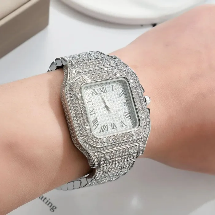 Reloj De Pulsera De Cuarzo Para Hombre De Lujo Con Diamantes Cuadrados