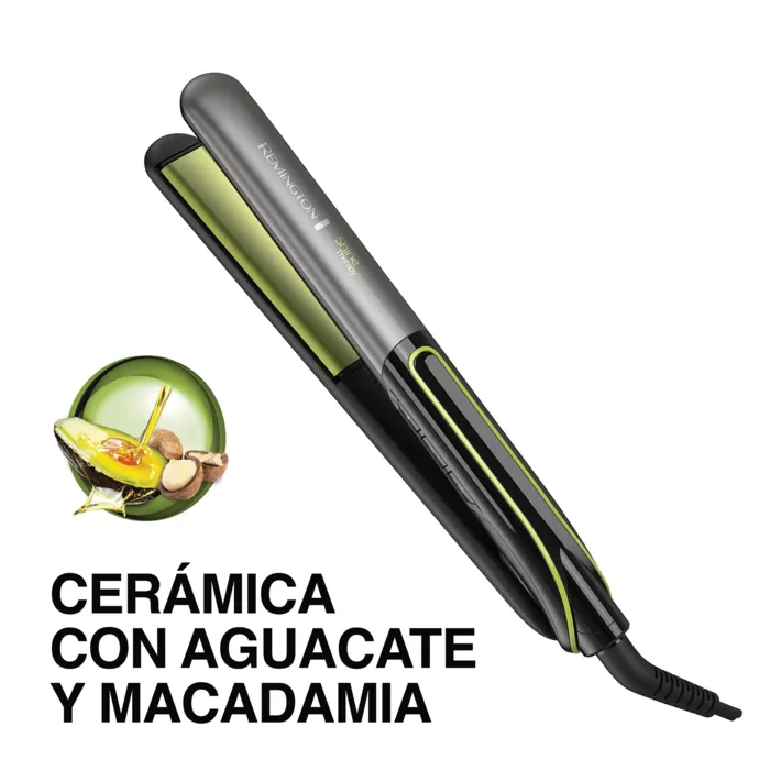 Plancha Alisadora Shine Therapy Aguacate y Macadamia S12A Plancha de cabello Remington cerámica aguacate macadamia negra