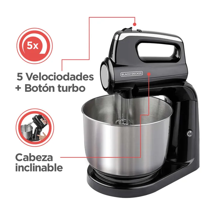 Batidora de mano Black+Decker 2 en 1 Pedestal con Tazón Giratorio MX1200 Batidora de mano Black + Decker 2 en 1 Pedestal con Tazón Giratorio