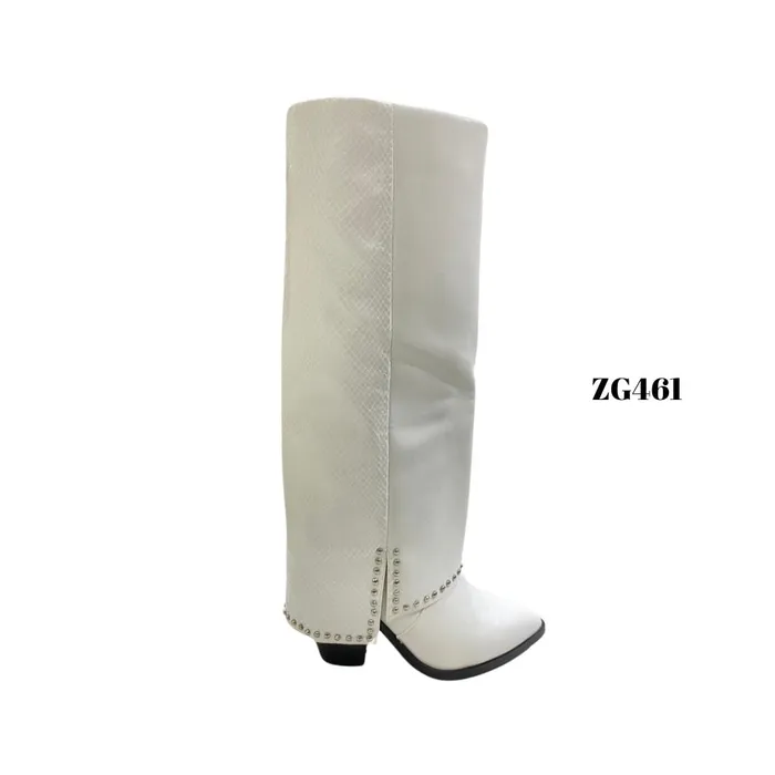 Bota texana blanco textura doblez apliques plateados tacon zg461-35